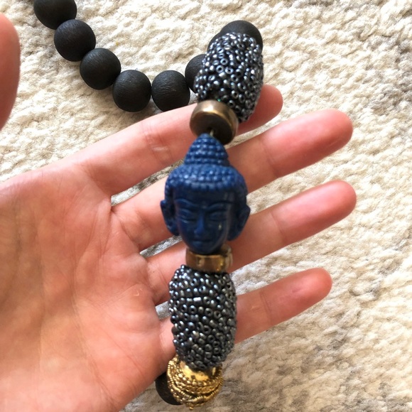 Long, chunky black & blue beaded Buddha necklace - Picture 4 of 8